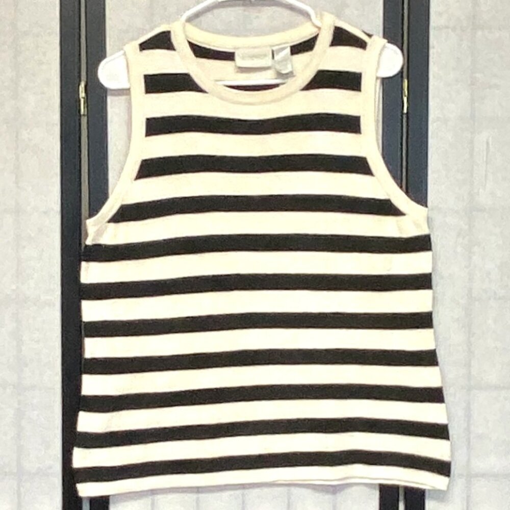 Liz & Co Petite L Sleeveless Stripe Knit Tank Top Ivory Black Stretchy & Chic